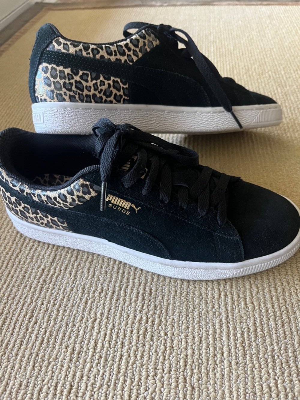 Puma Black Suede Sneakers with Leopard Print Accents